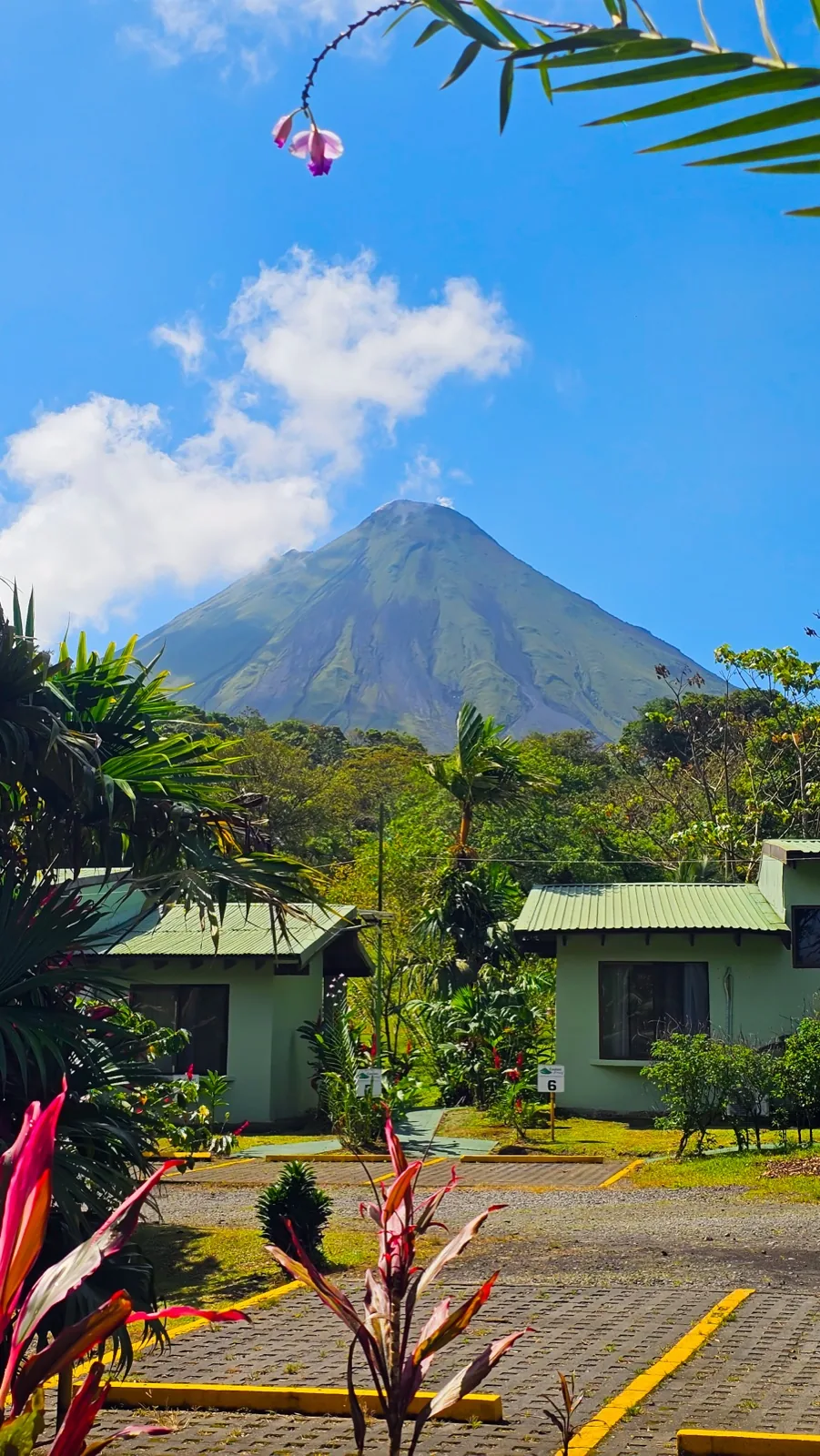 Habitaciones y jardines con el Volcán Arenal al fondo